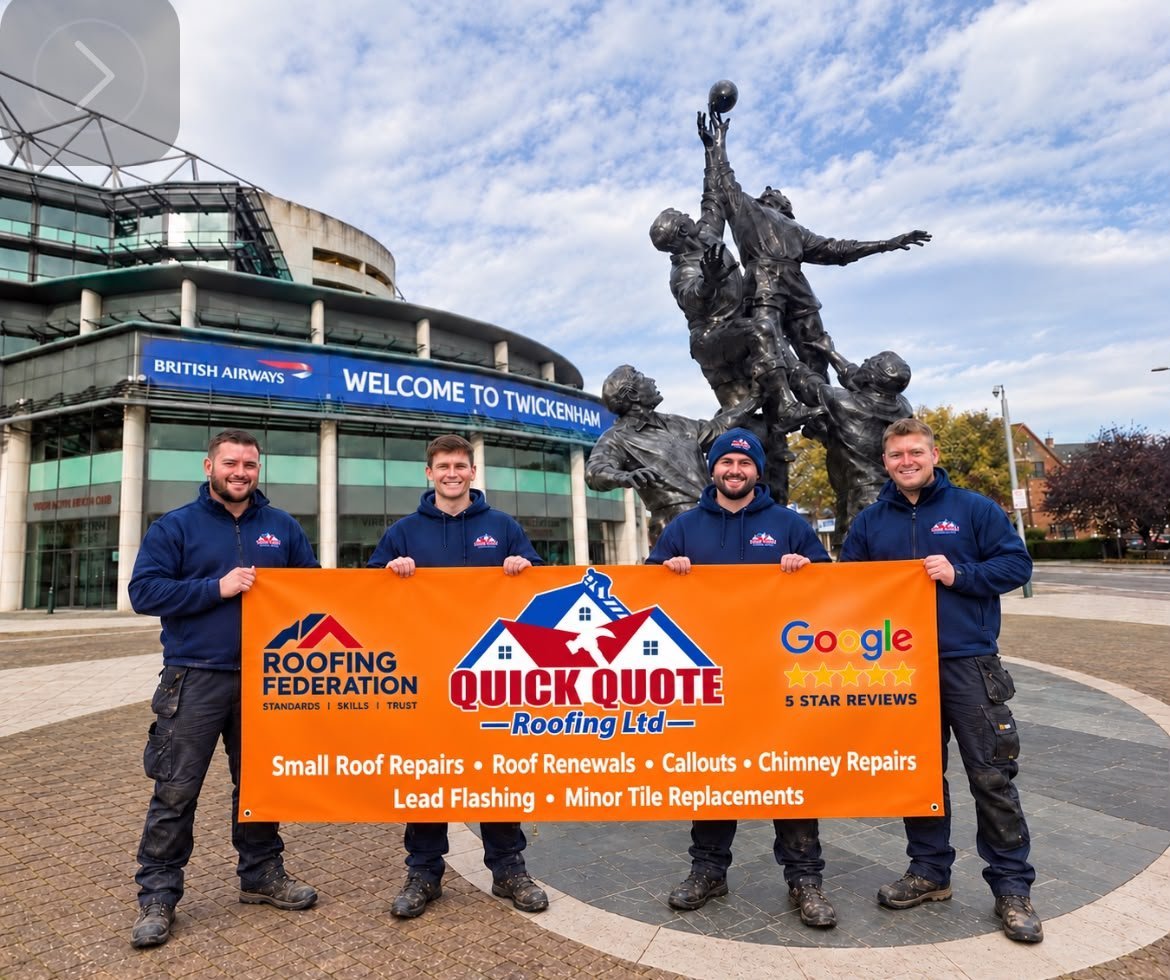 Four workers in blue uniforms holding an orange Quick Quote Roofing Ltd banner at a stadium, with a bronze statue in background